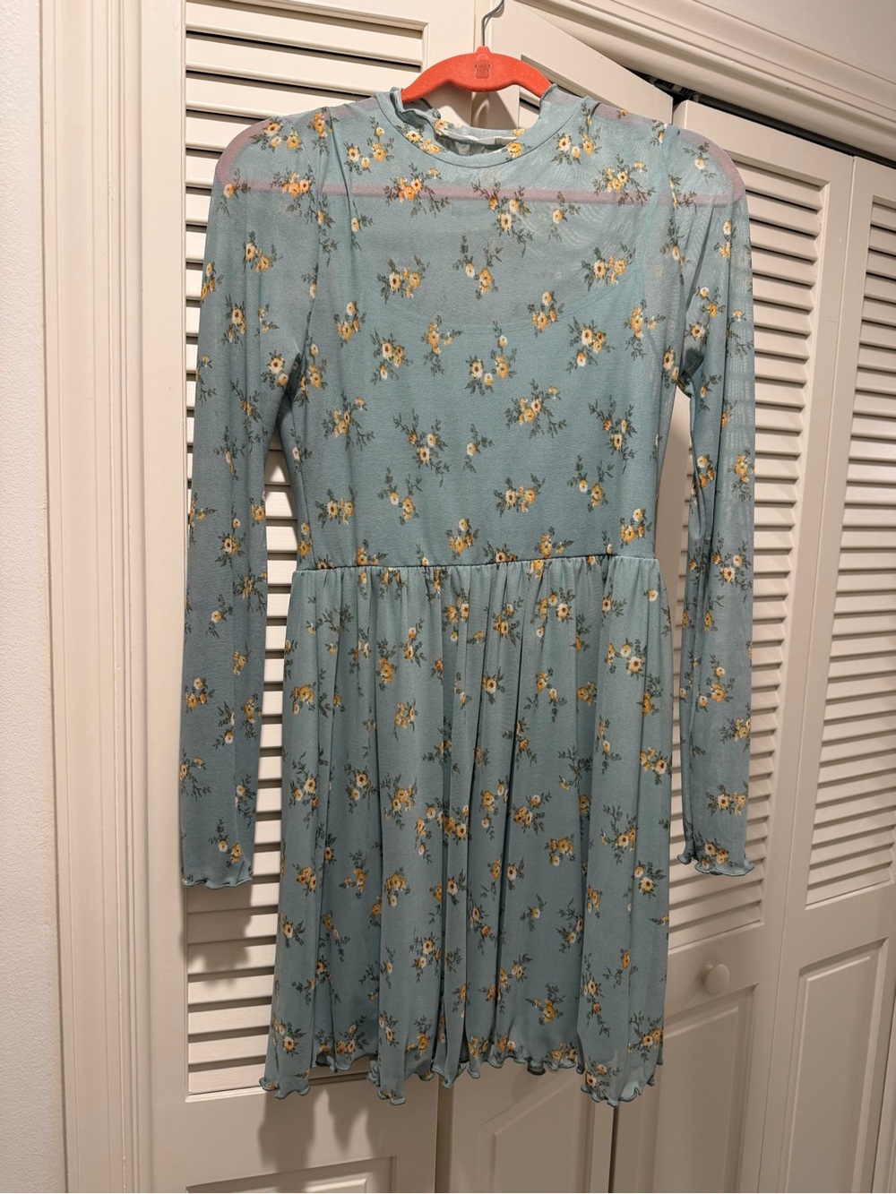 Lush Sage Green Floral Mesh Flowy Long-Sleeve Mini Dress